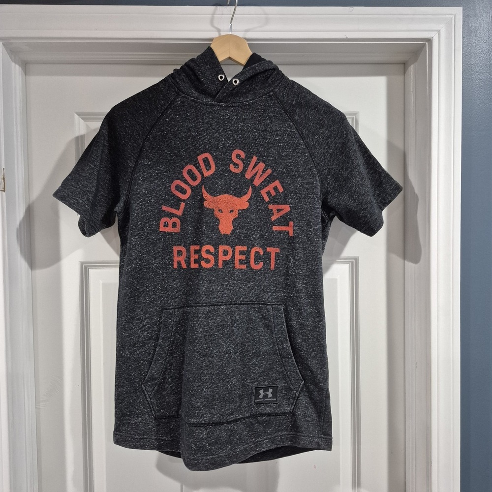 Under Armour Project Rock Hoodie Mens Small Charcoal Short Sleeve Gym‎ Workout
